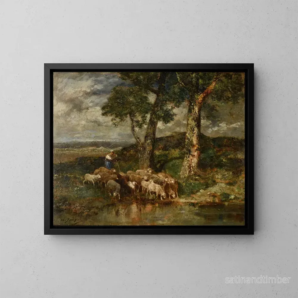 Reproduktion av målningen Moutons au labreuvoir - Charles Émile Jacque