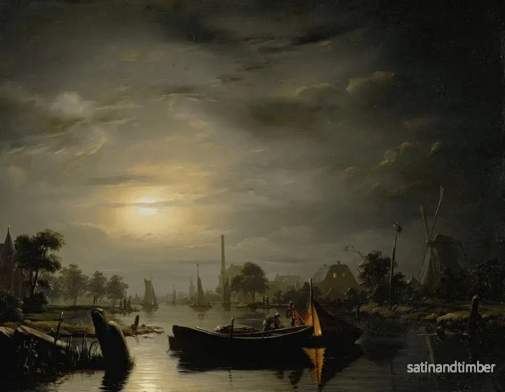 Reproduktion av målningen av ett flodlandskap i silvermåne - Petrus van Schendel - Bild 2