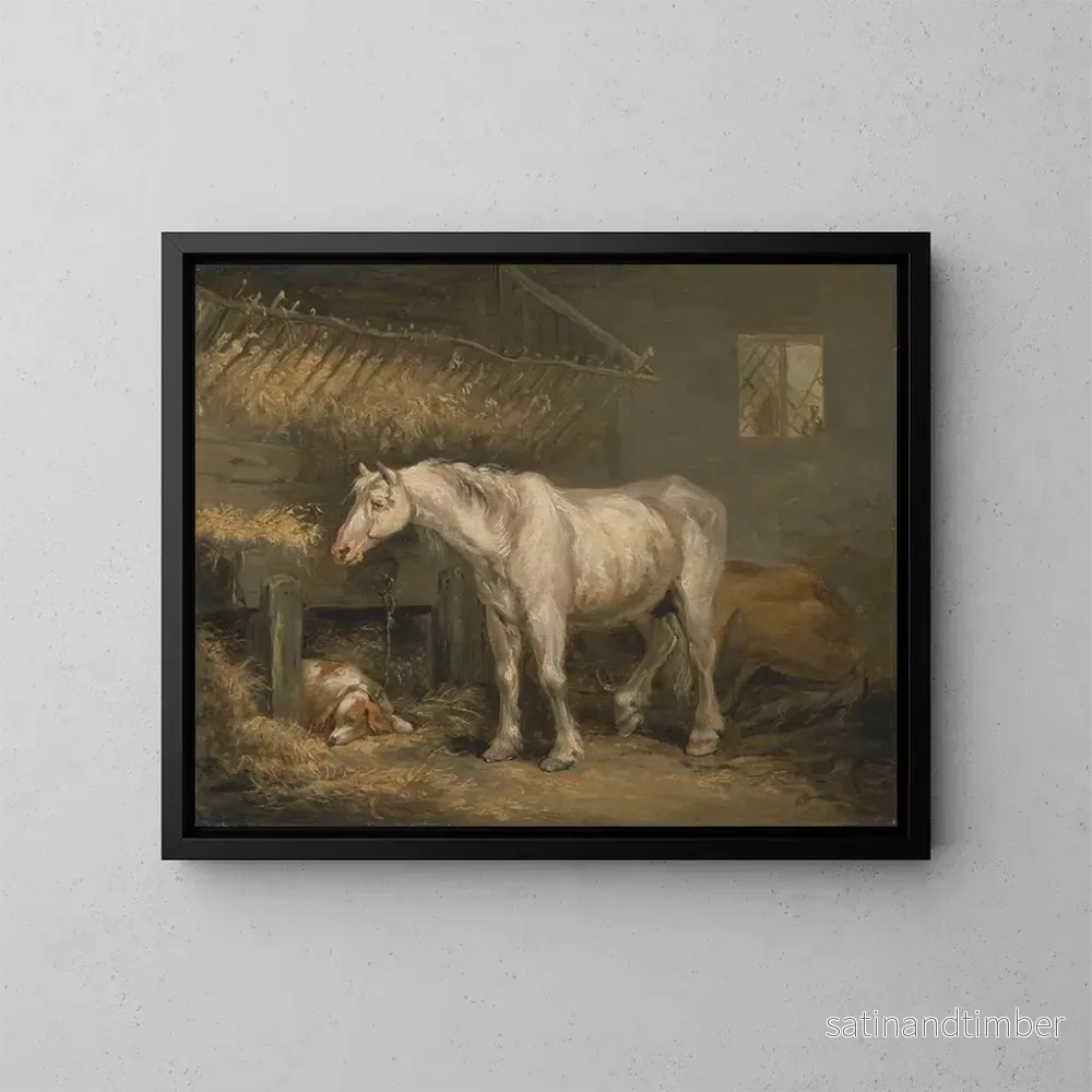 Reproduktion av målningen av gamla hästar med en hund i ett stall - George Morland