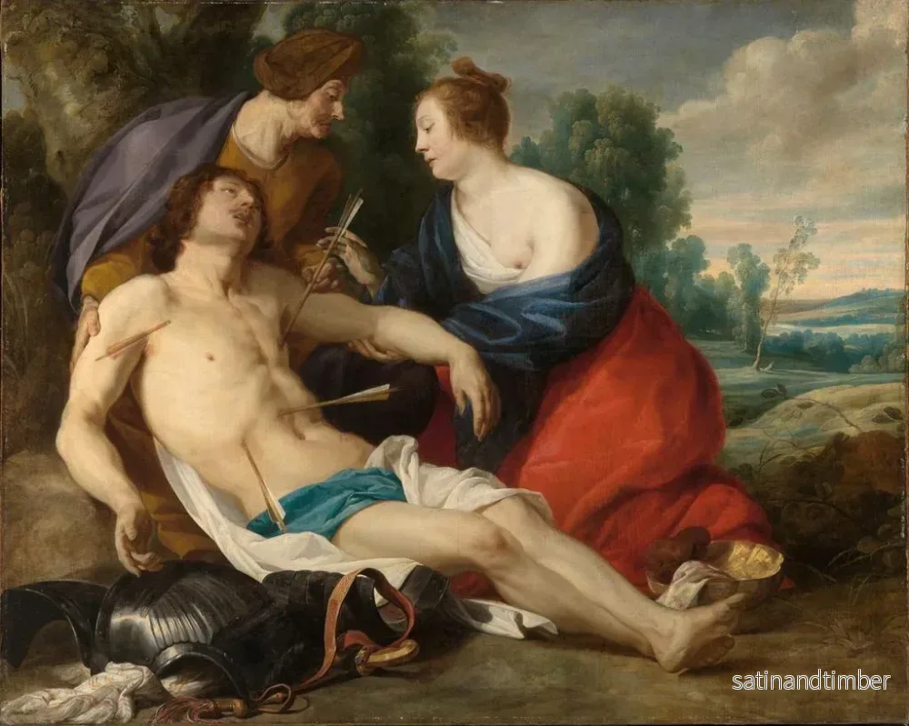 Reproduktion av målningen av Sainte Irène tar bort pilarna från helgon Sebastian's sår - Theodoor Rombouts - Bild 2