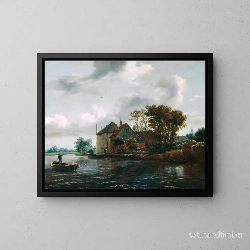 Reproduktion av målningen av en gård och höskulle vid en flod - Jacob van Ruisdael
