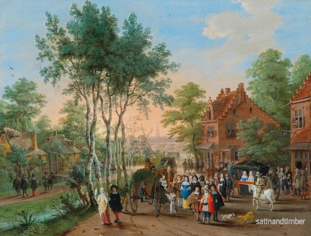 Reproduktion av målningen av eleganta resenärer som besöker en by vid en flod - Peeter Gijsels - Bild 2