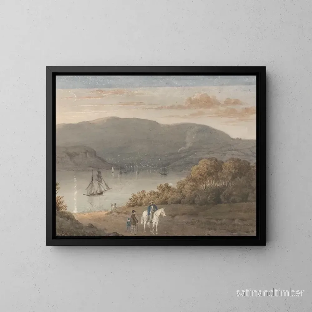 Reproduktion av målningen Port-Louis från La Petite Montagne vid skymningen med en ryttare och figurer i förgrunden – Thomas Bradshaw Reproduktion av målningen Port-Louis från La Petite Montagne vid skymningen med en ryttare och figurer i förgrunden – Thomas Bradshaw