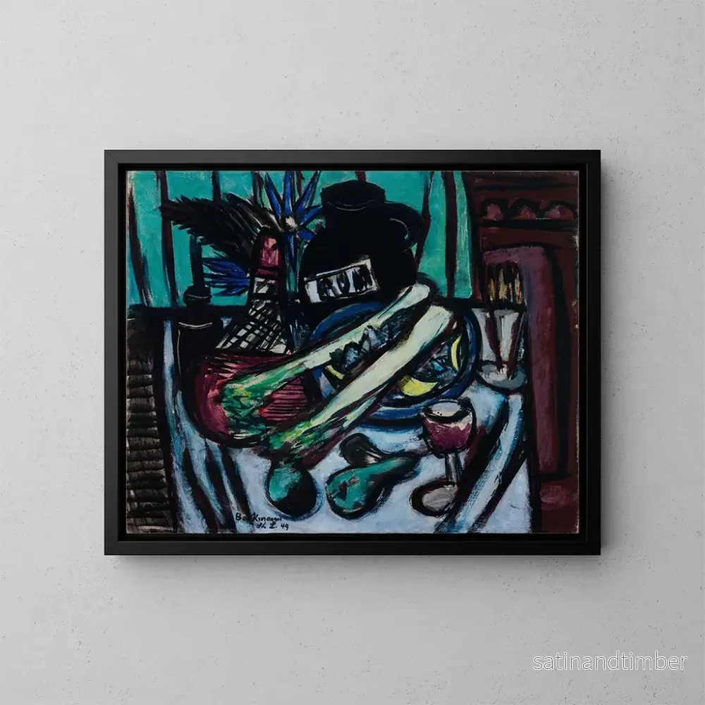 Reproduktion av målningen av stilleben med Chianti-flaska och selleri - Max Beckmann