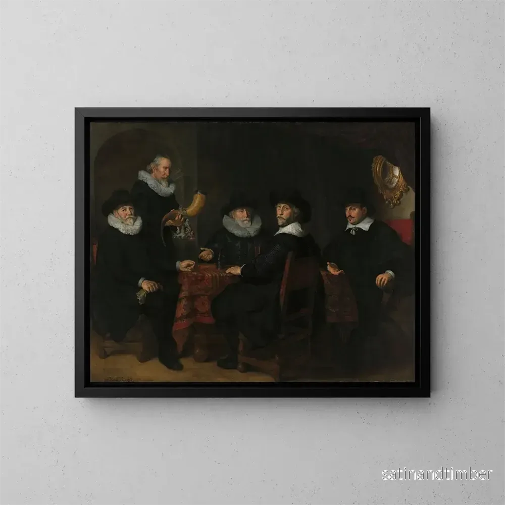Reproduktion av målningen av fyra guvernörer för den civila gardet av arquebusiers i Amsterdam 1642 – Govert Flinck Reproduktion av målningen av fyra guvernörer för den civila gardet av arquebusiers i Amsterdam 1642 – Govert Flinck