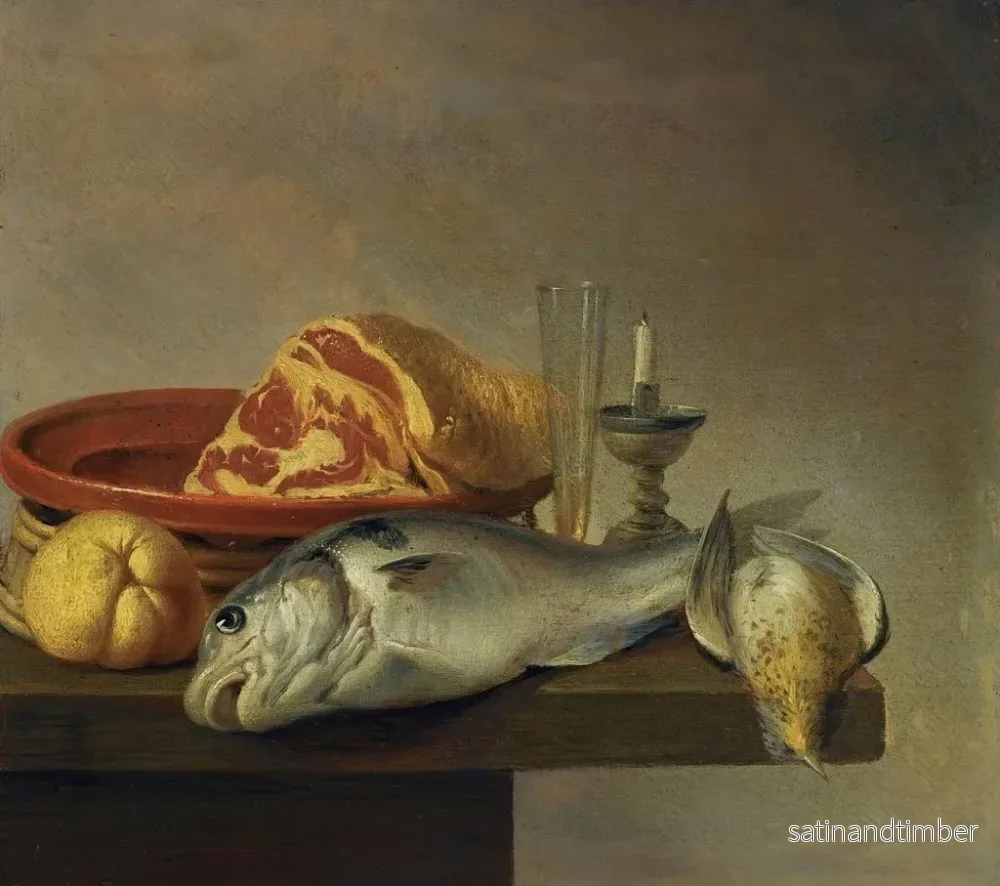 Reproduktion av målningen Naturstilleben med skinka, en fisk, ett ljus och andra föremål placerade på bordskanten - Harmen Steenwijck - Bild 2