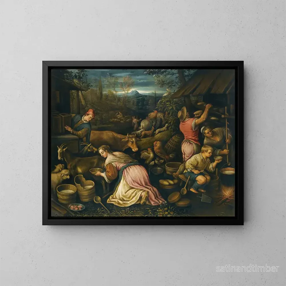Reproduktion av målningen Vår, en landskapsbild med bybor som hanterar getter och bakar bröd - Leandro Bassano