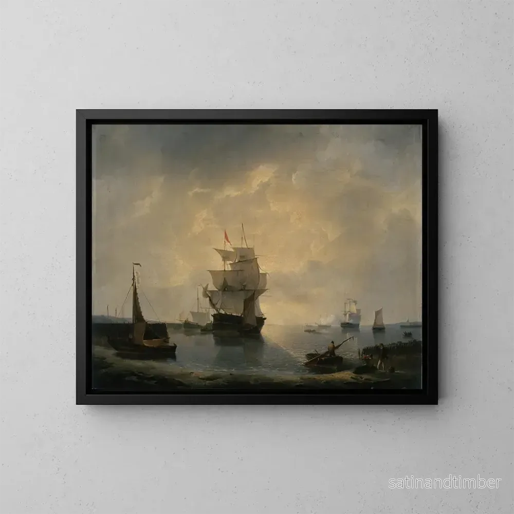 Reproduktion av målningen av segelbåtar i hamnen - Petrus Johannes Schotel