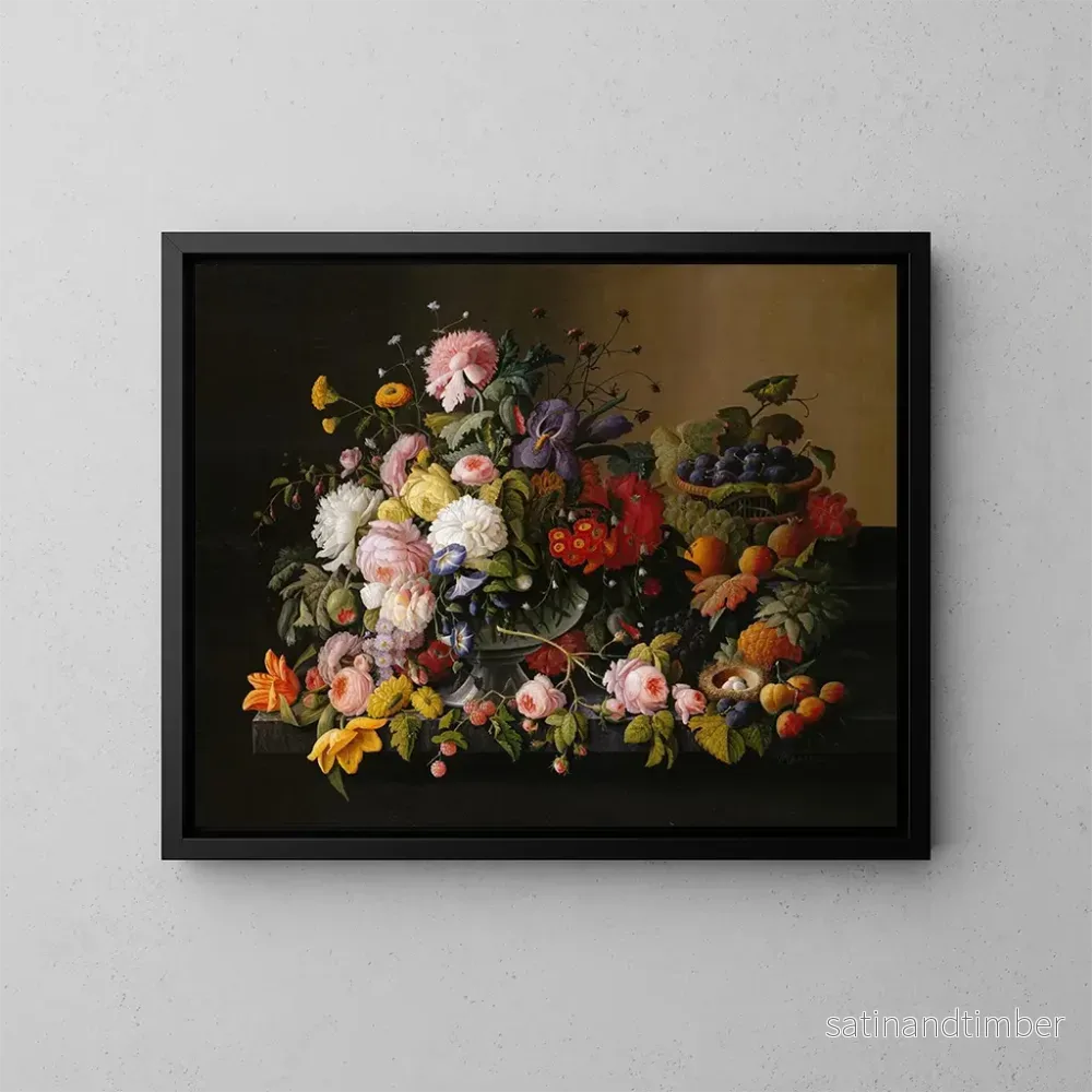 Reproduktion av målningen av stilleben med blommor och frukter - Severin Roesen