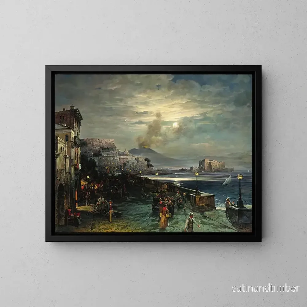 Reproduktion av målningen Naples, en nattlig kaj med utsikt över Vesuvius - Theodor Groll
