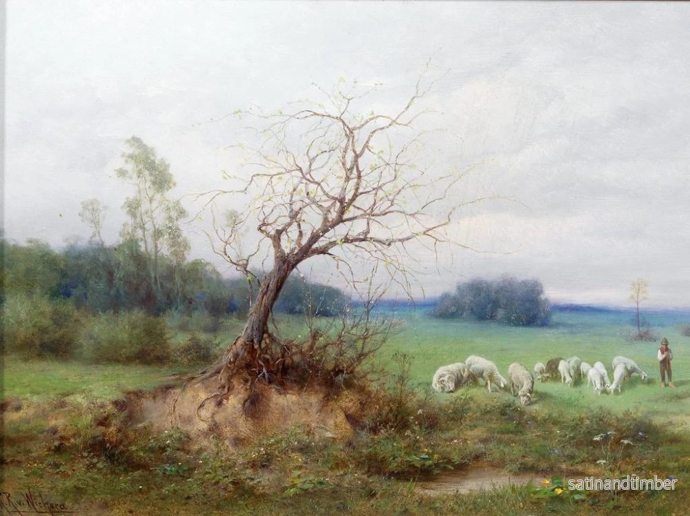 Reproduktion av målningen Troupeau de moutons med en herde i ett öppet landskap - Raimund Ritter von Wichera - Bild 2
