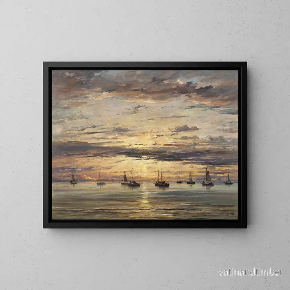 Reproduktion av målningen av solnedgång i Scheveningen, en flotta av fiskebåtar förtöjda - Hendrik Willem Mesdag