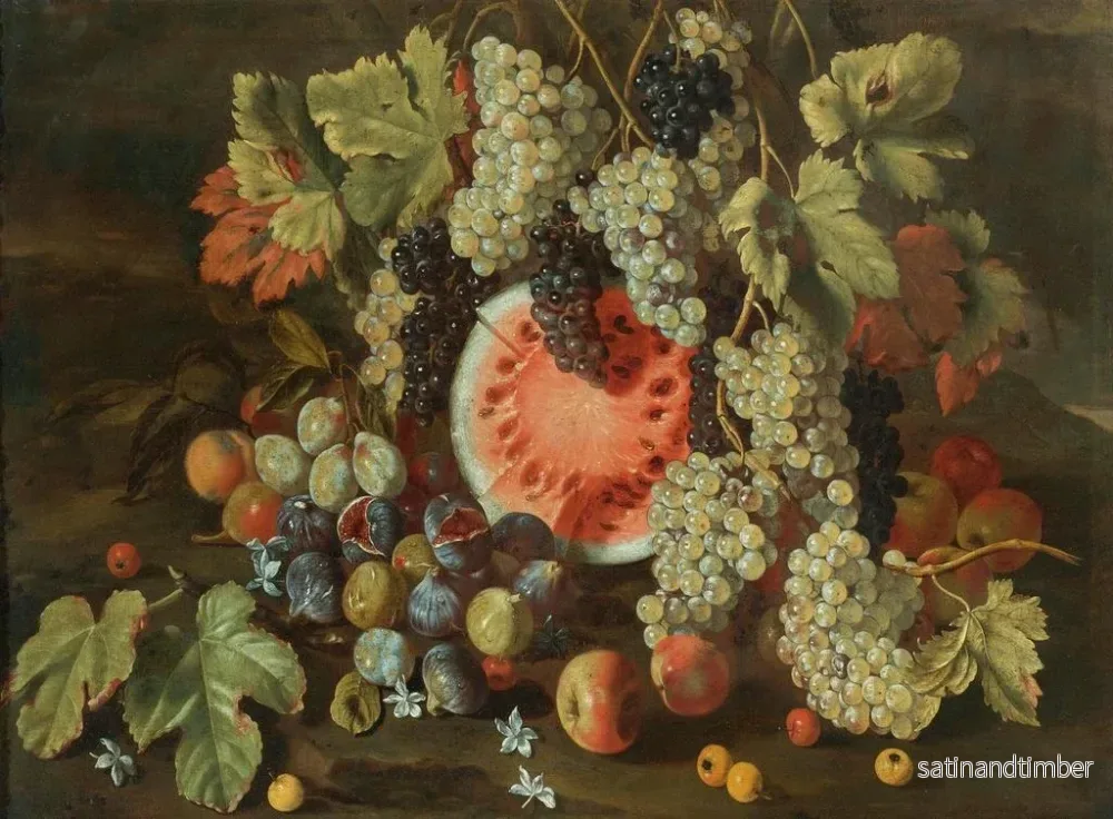 Reproduktion av målningen av still life i landskap med druvor, vattenmeloner, fikon och äpplen - Giovanni Battista Ruoppolo - Bild 2