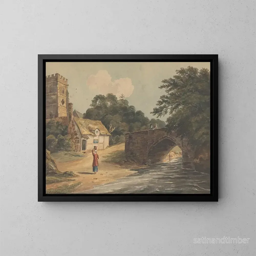 Reproduktion av målningen av kyrka och bro i Boldre - G. W. Gent