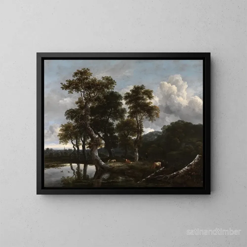 Reproduktion av målningen av stor buske av träd vid vattnet - Jacob van Ruisdael