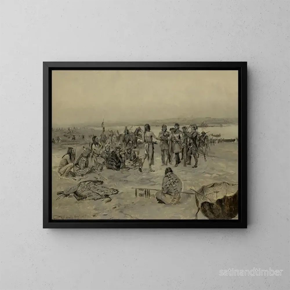 Reproduktion av målningen av mötet mellan Lewis och Clark och Mandans - Charles Marion Russell