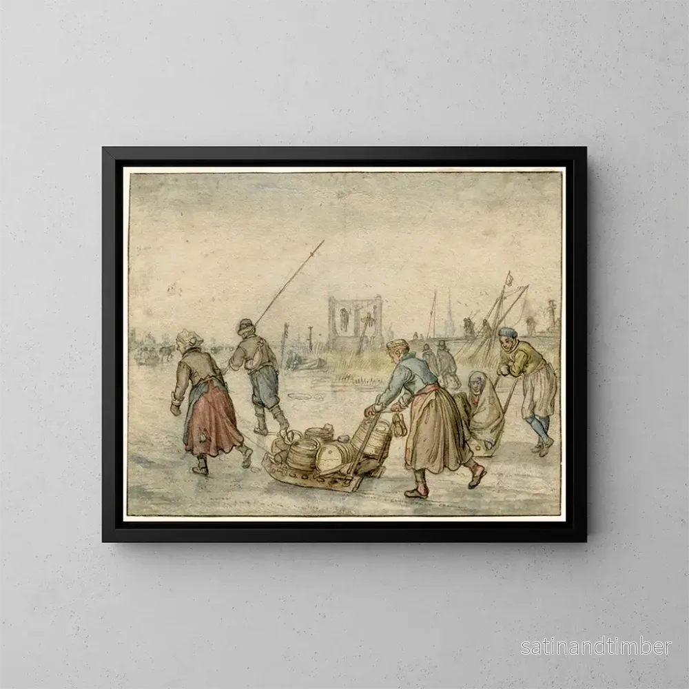 Reproduktion av målningen vinterlandskap med två kvinnor och en pulka och andra figurer på isen, en galge i fjärran - Hendrick Avercamp