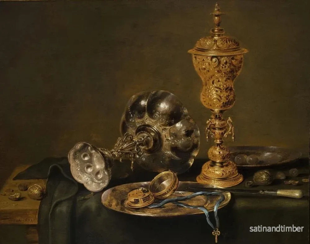 Reproduktion av målningen Stilllif med metallbehållare och en klocka på ett bord - Willem Claesz Heda - Bild 2
