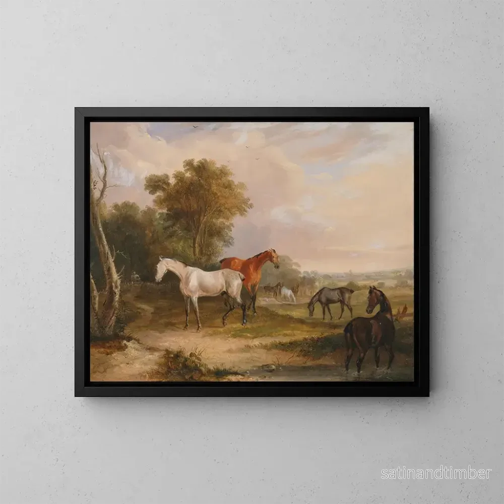 Reproduktion av målningen av hästar som betar en grå hingst med ston i en äng - Francis Calcraft Turner