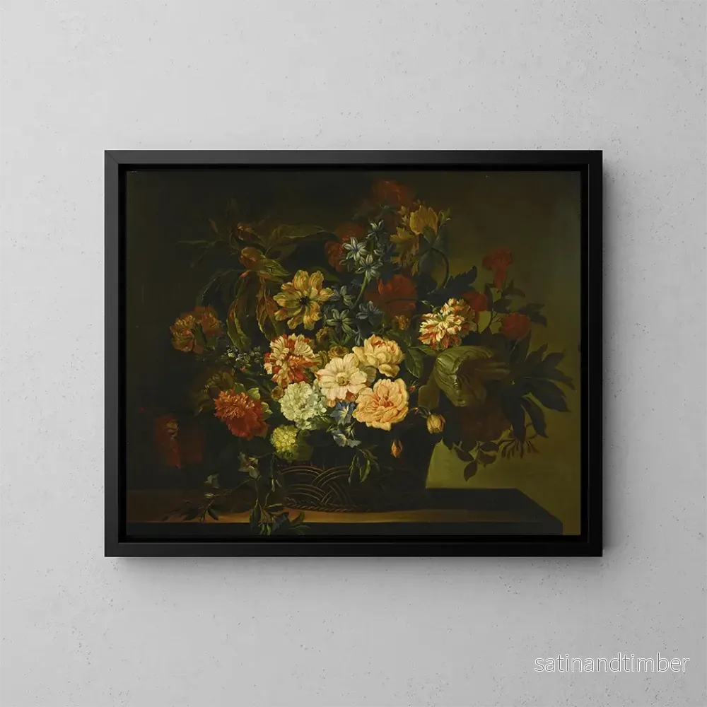Reproduktion av målningen Dahlias, tulpaner, kaprifol och andra blommor i en korg på ett bord - Jean-Baptiste Monnoyer
