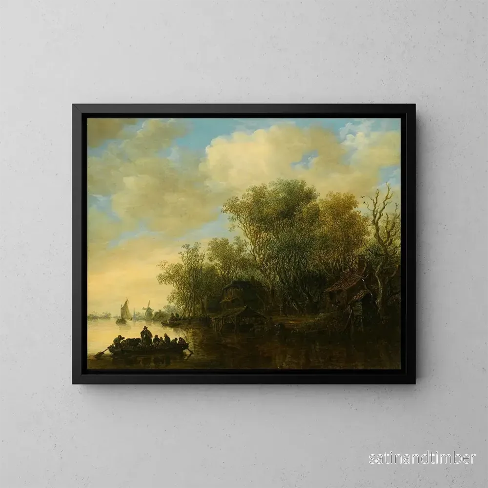 Reproduktion av målningen av ett flodlandskap med en fullt lastad färja som närmar sig en livlig strand - Jan van Goyen