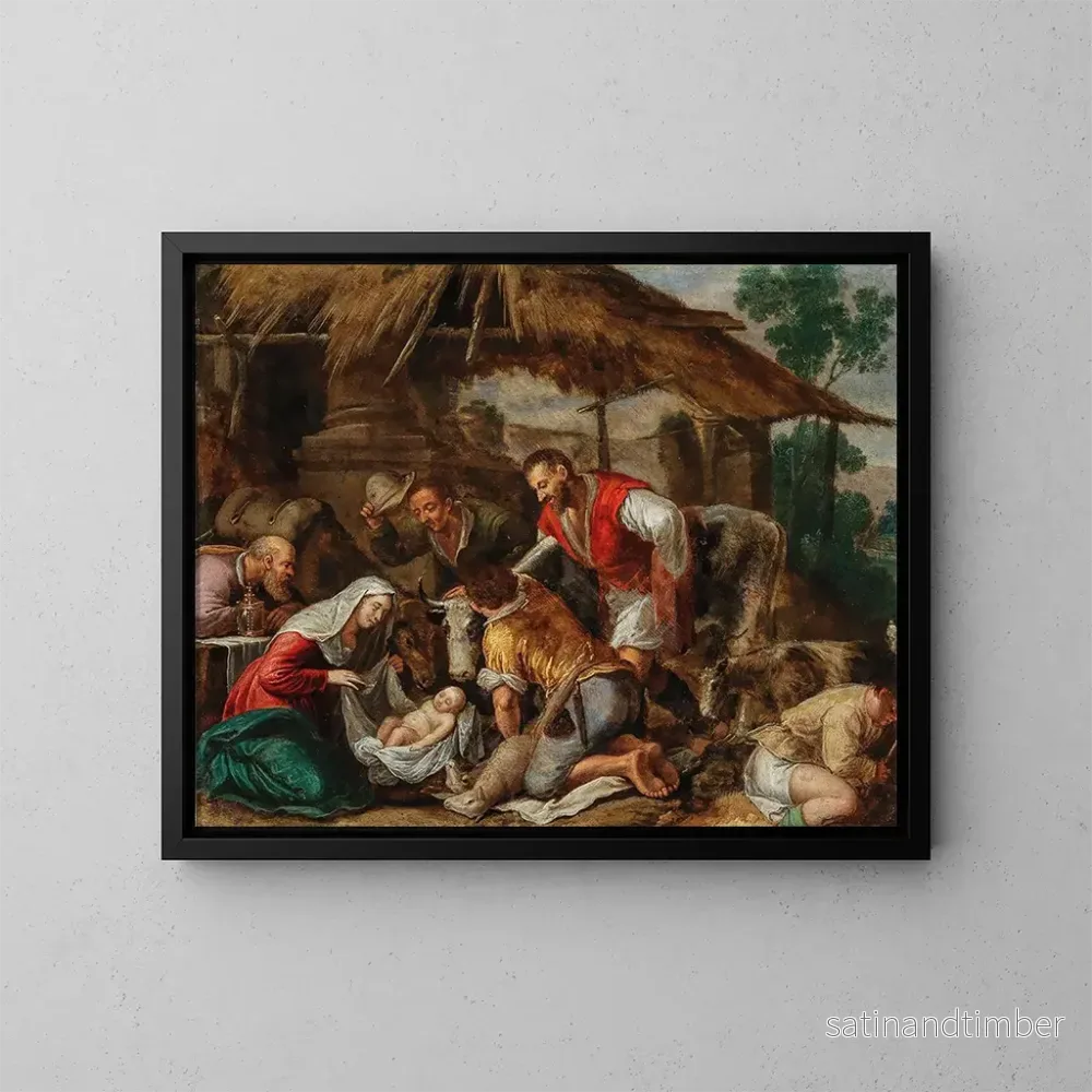 Reproduktion av målningen L'Adoration des bergers - Skola av Jacopo da Ponte