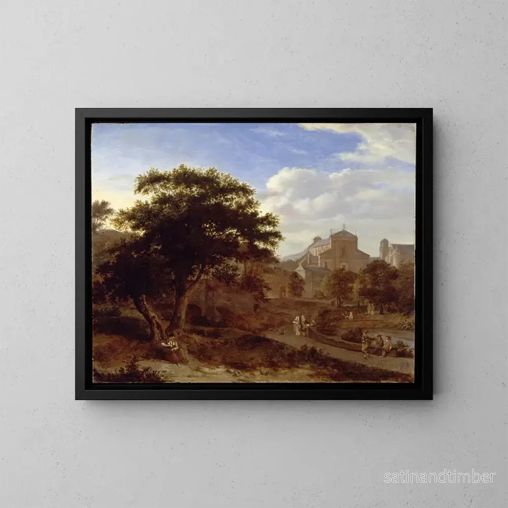 Reproduktion av målningen av två kyrkor och en stadsvägg - Jan van der Heyden