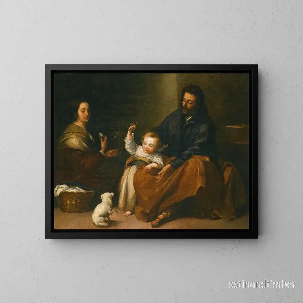 Reproduktion av målningen Den heliga familjen i ett inre - Bartolomé Esteban Murillo