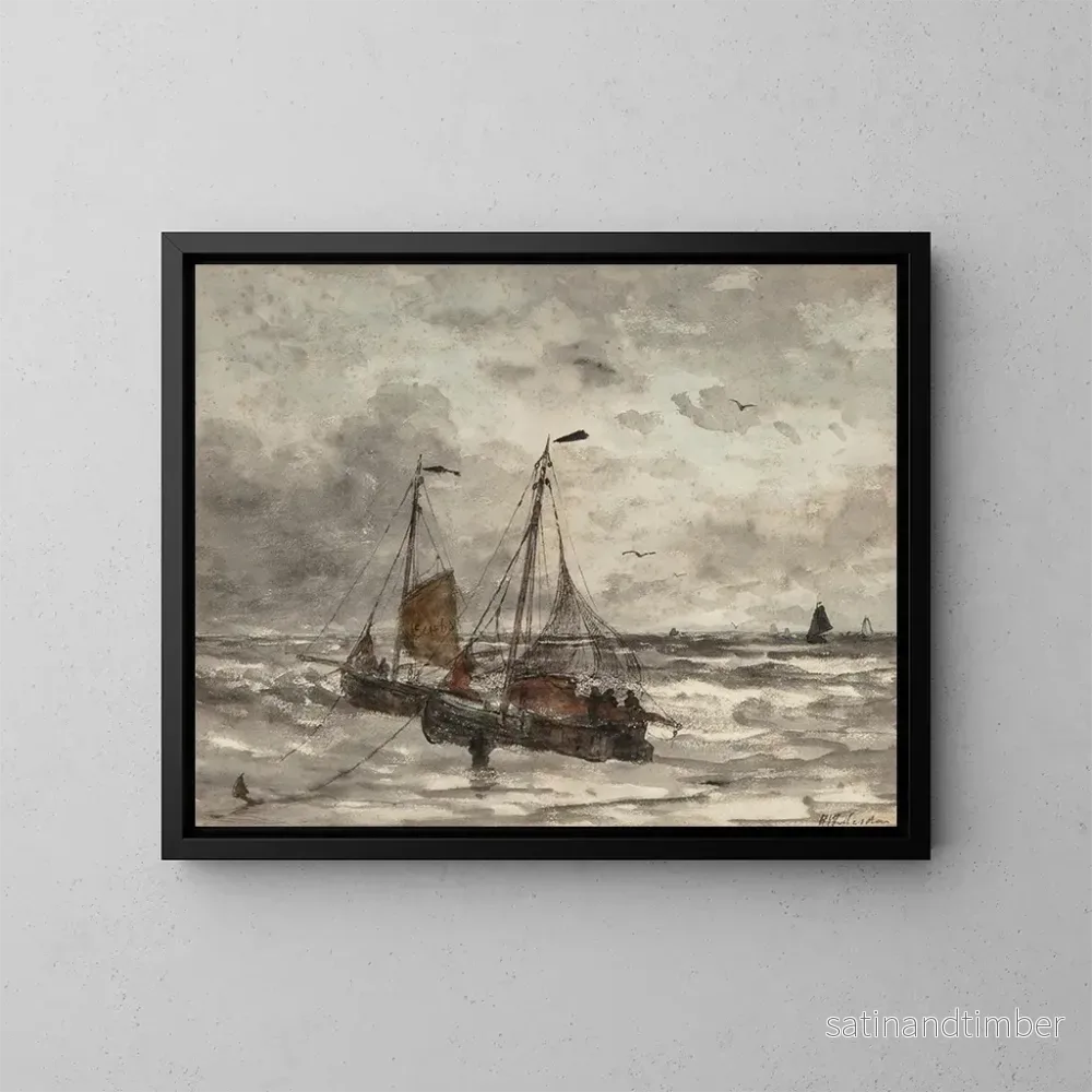 Reproduktion av målningen av fiskebåtar vid ankar på ett stormigt hav - Hendrik Willem Mesdag