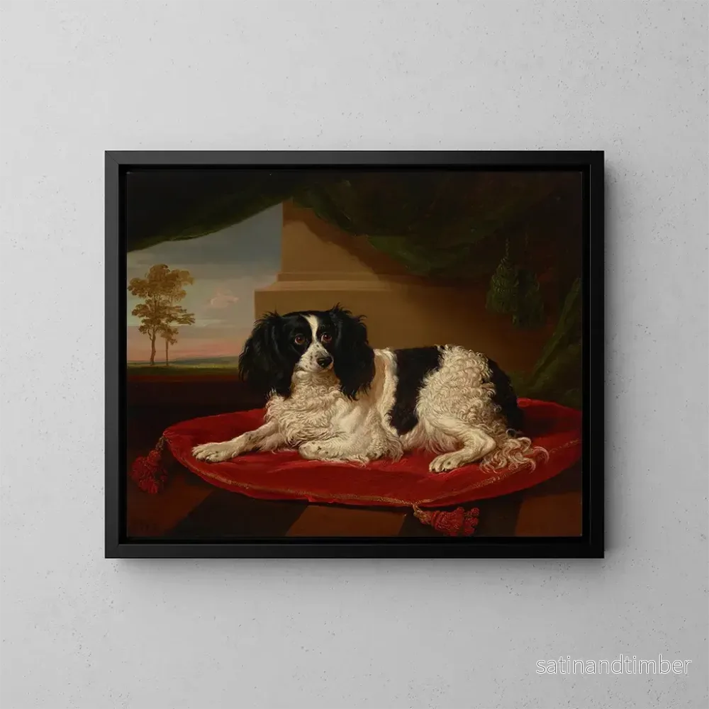 Reproduktion av målningen En king charles spaniel på en röd kudde - James Ward