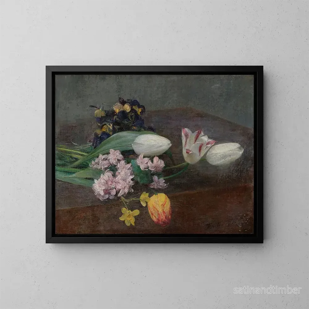 Reproduktion av målningen Jacinthes, tulpaner och penséer placerade på ett bord – Henri Fantin-Latour Reproduktion av målningen Jacinthes, tulpaner och penséer placerade på ett bord – Henri Fantin-Latour