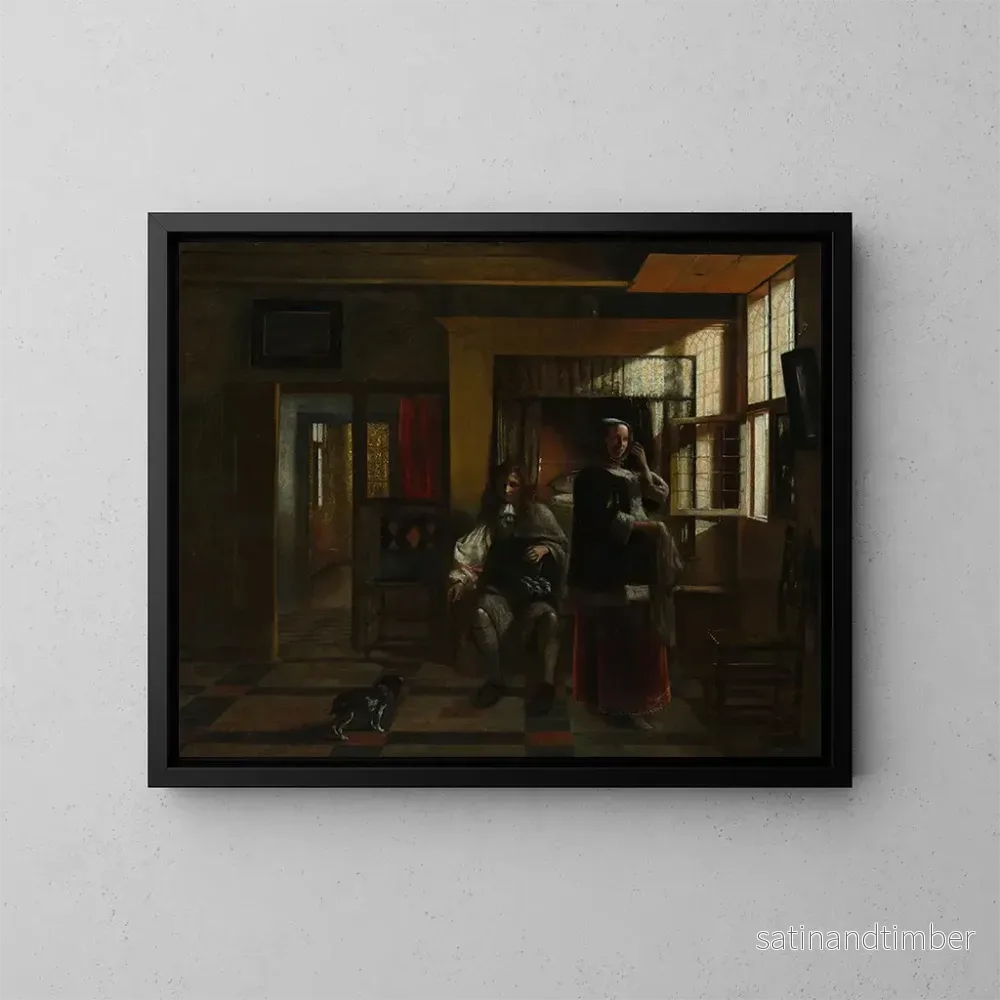 Reproduktion av målningen inomhus med ett ungt par - Pieter de Hooch