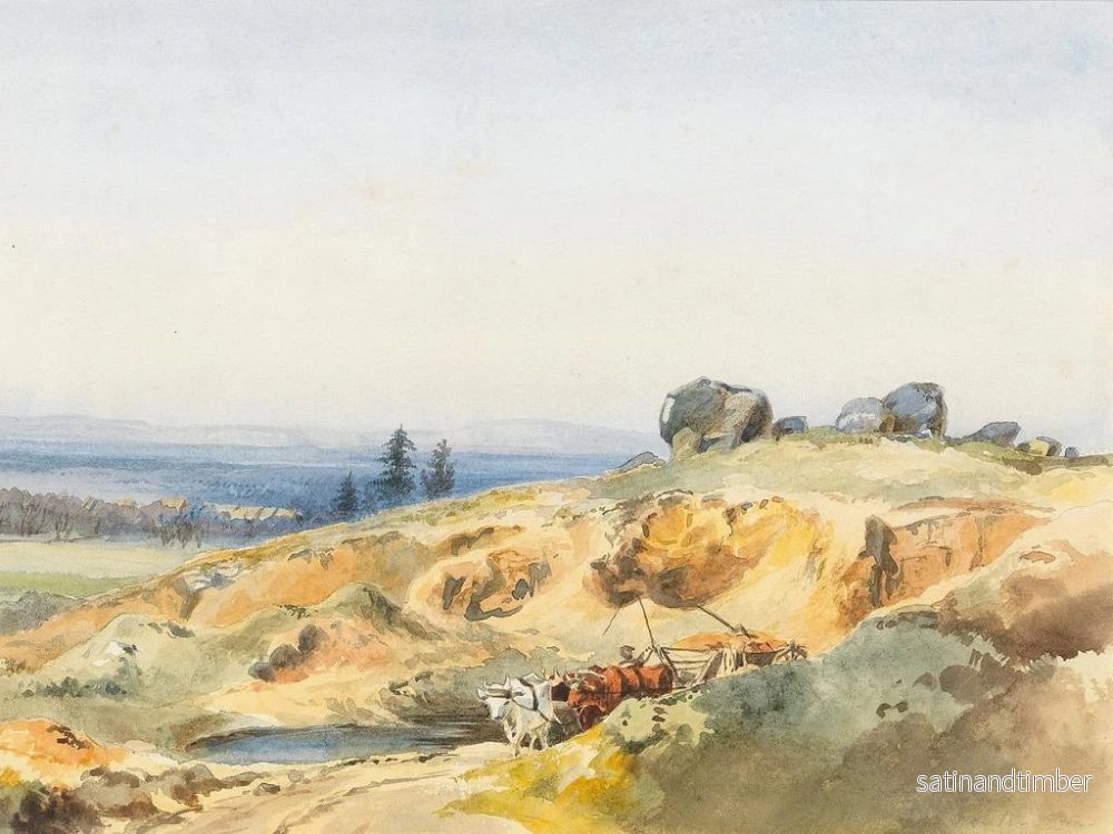 Reproduktion av målningen av ett landskap med en smal väg och en oxvagn - Edward Theodore Compton - Bild 2