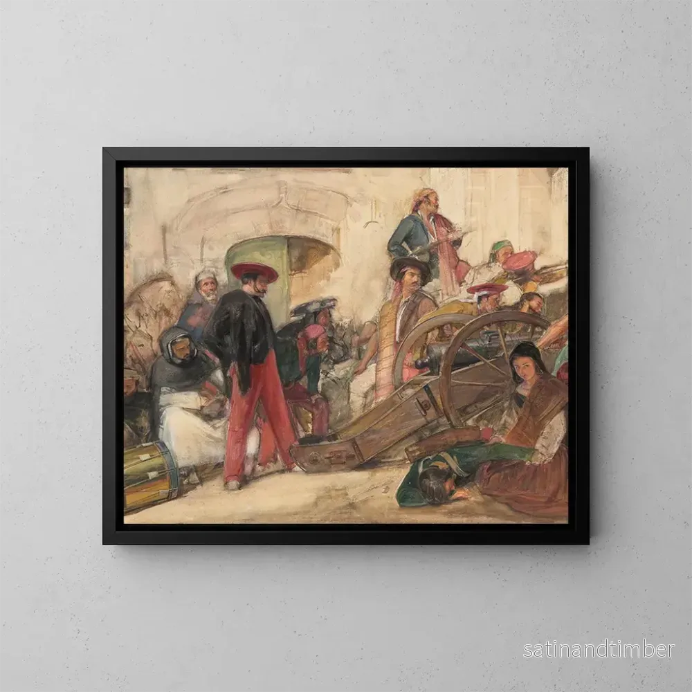 Reproduktion av målningen Scen de bataille espagnole: La proclamation de Don Carlos - John Frederick Lewis
