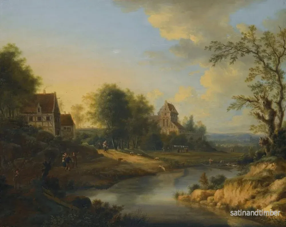 Reproduktion av målningen av ett flodlandskap med figurer vid stranden och får som betar - Johann Christian Vollerdt - Bild 2