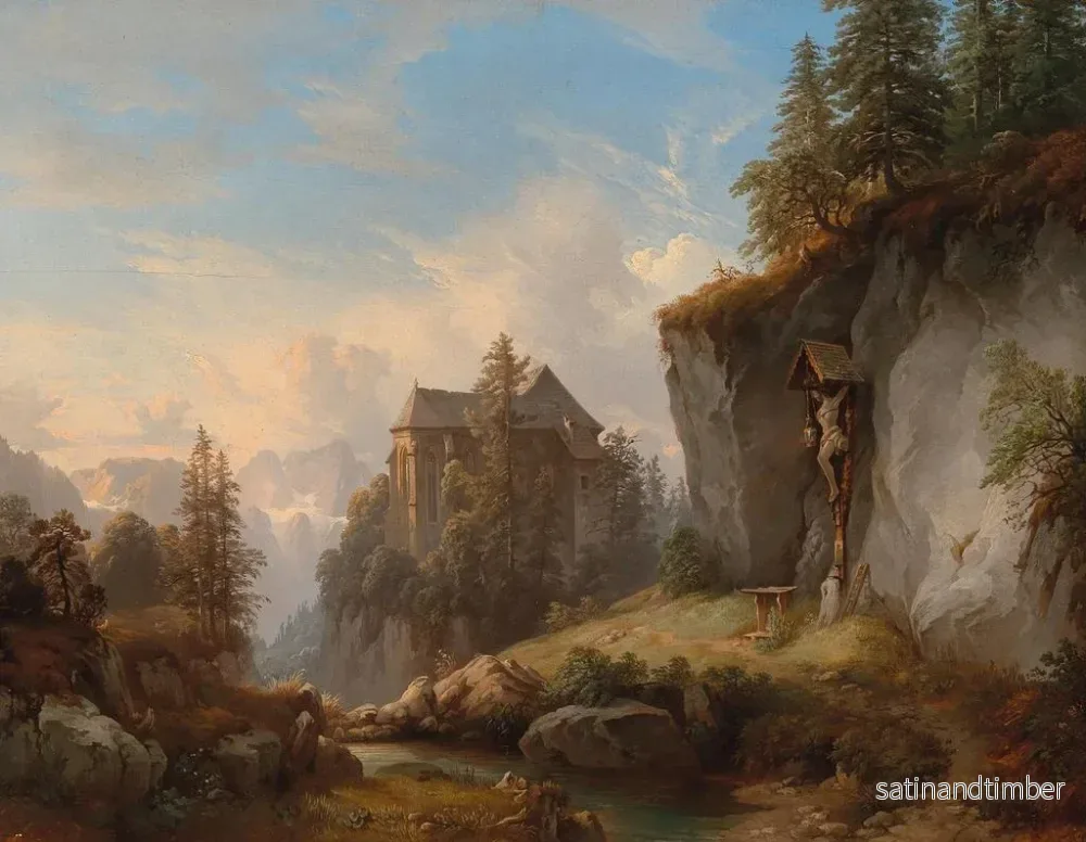 Reproduktion av målningen av ett bergslandskap med en kapell och ett oratorium - Franz Barbarini - Bild 2