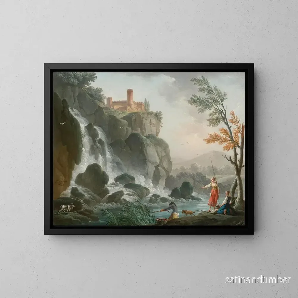 Reproduktion av målningen Fiske vid en flod med ett vattenfall under ett slott - Charles-François Grenier de Lacroix