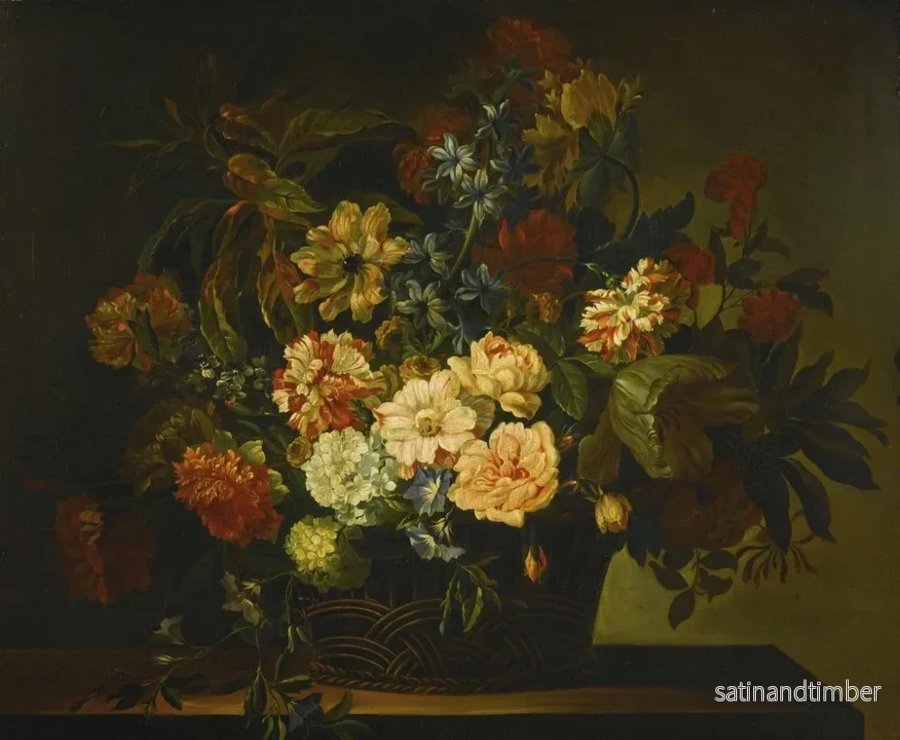 Reproduktion av målningen Dahlias, tulpaner, kaprifol och andra blommor i en korg på ett bord - Jean-Baptiste Monnoyer - Bild 2