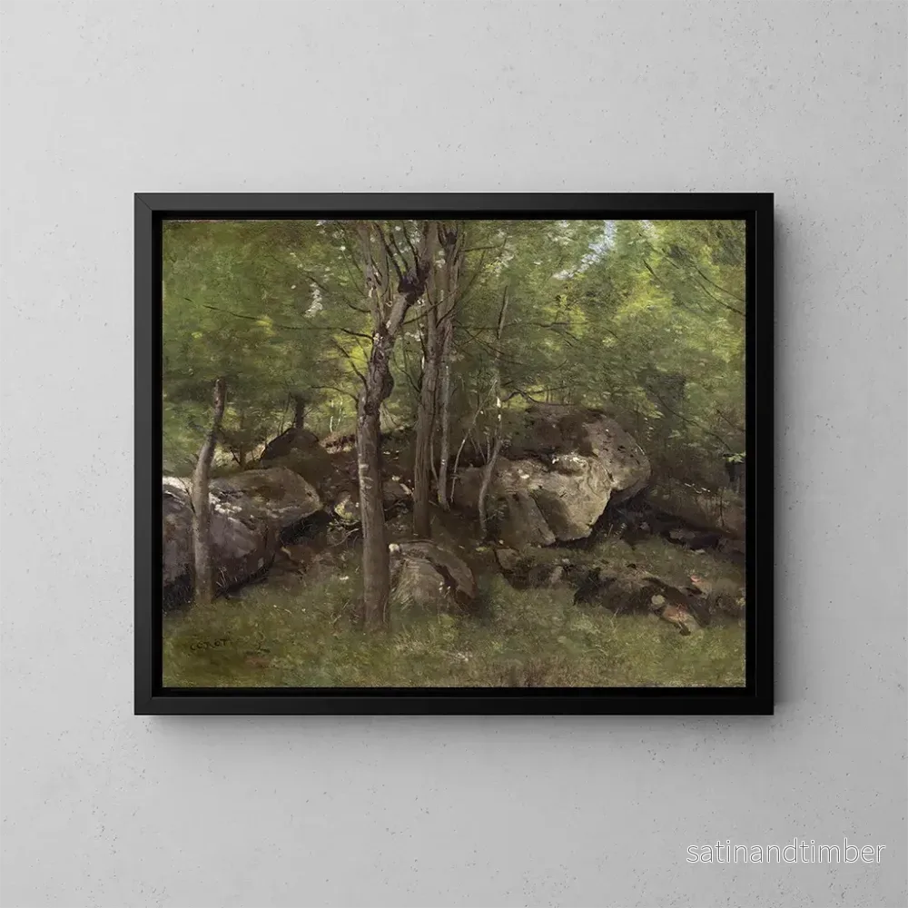 Reproduktion av målningen av klippor i Fontainebleau-skogen - Jean-Baptiste-Camille Corot