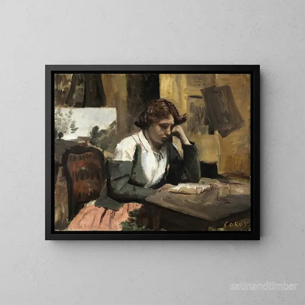 Reproduktion av målningen av en kvinna som läser i ateljén - Jean-Baptiste-Camille Corot