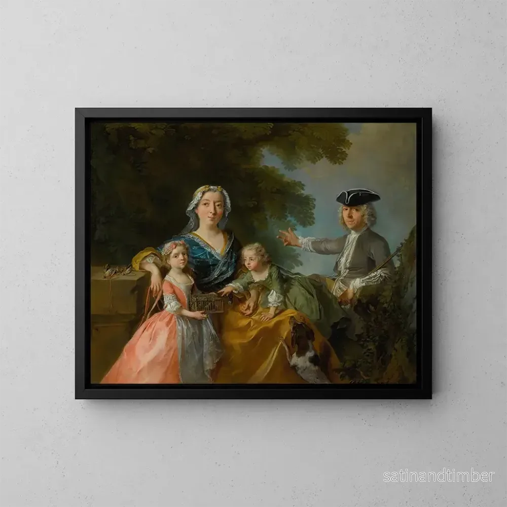 Reproduktion av målningen av ett familjeporträtt som traditionellt identifieras som M. och fru Saint-Martin med deras två barn i ett landskap - Nicolas Lancret