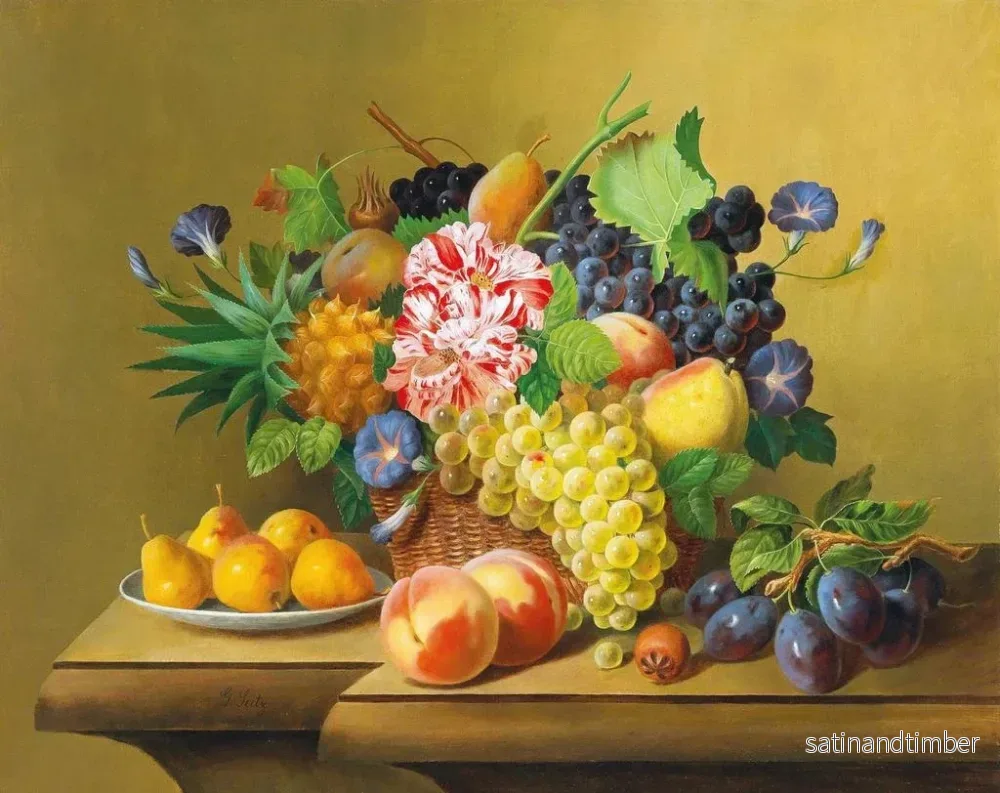 Reproduktion av målningen av still life med en fruktkorg och en tallrik med päron - Johann Georg Seitz - Bild 2