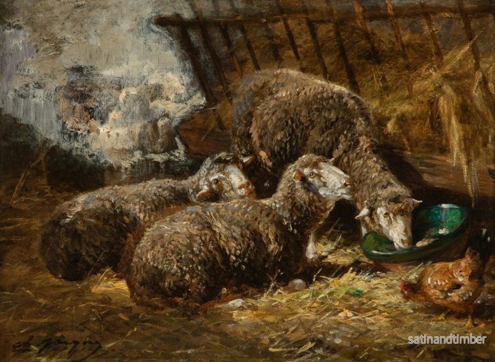 Reproduktion av målningen av får och höns i ett stall - Charles Émile Jacque - Bild 2