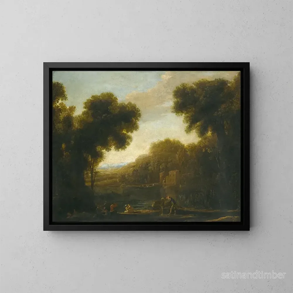 Reproduktion av målningen av ett flodlandskap med resenärer vid stranden - Claude Lorrain
