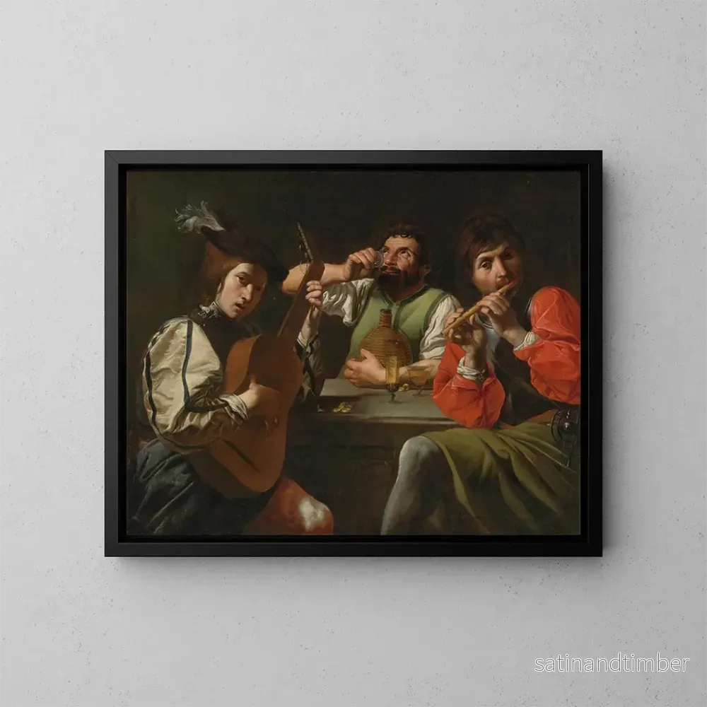 Reproduktion av målningen av musiker och drinkare i ett interiör - Valentin de Boulogne-skolan