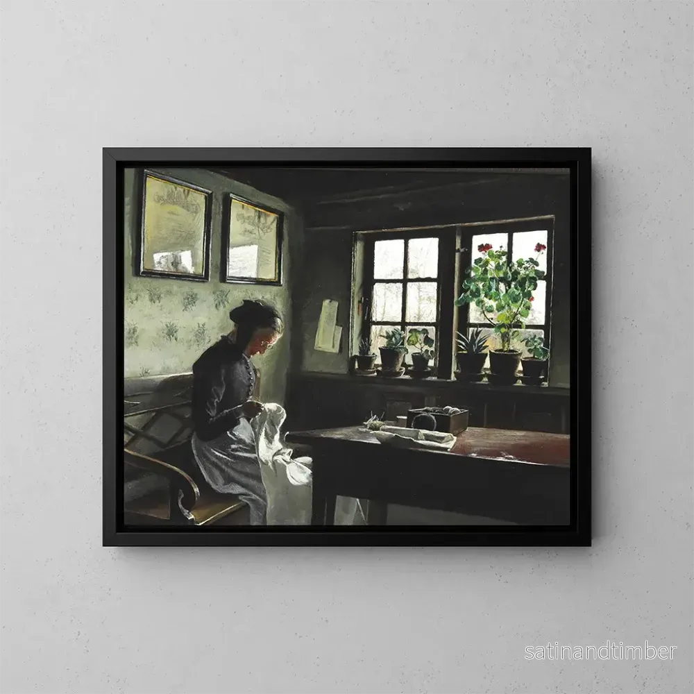 Reproduktion av målningen inomhus med kvinnan som ser - Laurits Andersen Ring