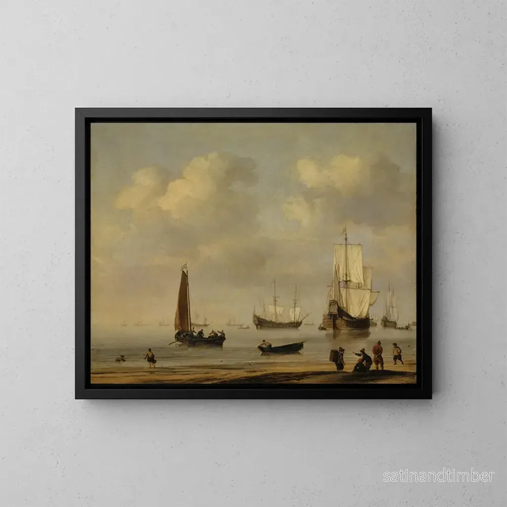 Reproduktion av målningen av tre-mastare och fiskebåtar i lugn - Willem van de Velde den yngre