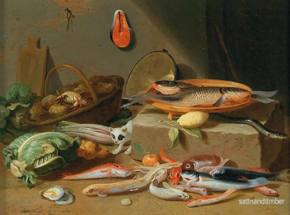 Reproduktion av målningen av köksstilleben med fisk, grönsaker och en katt - Pseudo Jan van Kessel II - Bild 2