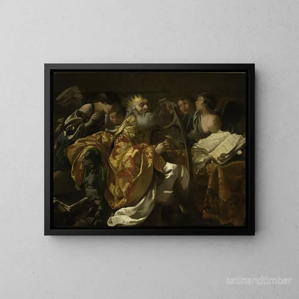 Reproduktion av målningen av kung David som spelar harpa bland änglar - Hendrick Ter Brugghen
