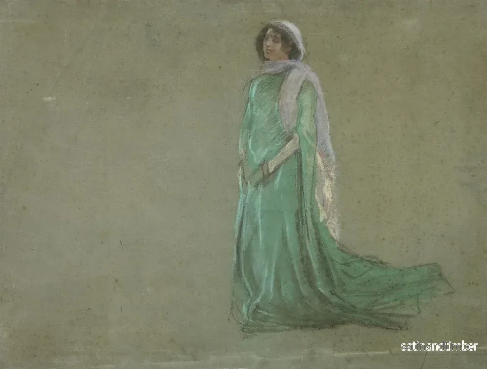 Reproduktion av målningen Studie av en kvinna i lång grön klänning och rosa halsduk - Edwin Austin Abbey - Bild 2
